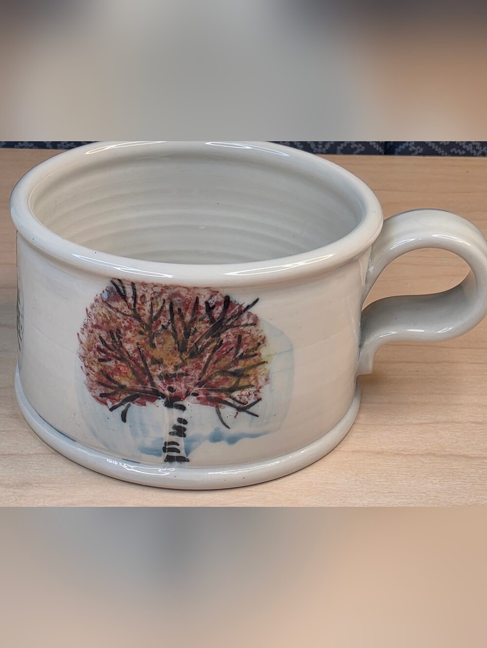 Vintage Studio Pottery Mug Hand Thrown Birch Trees Wide Soup Cup Signed